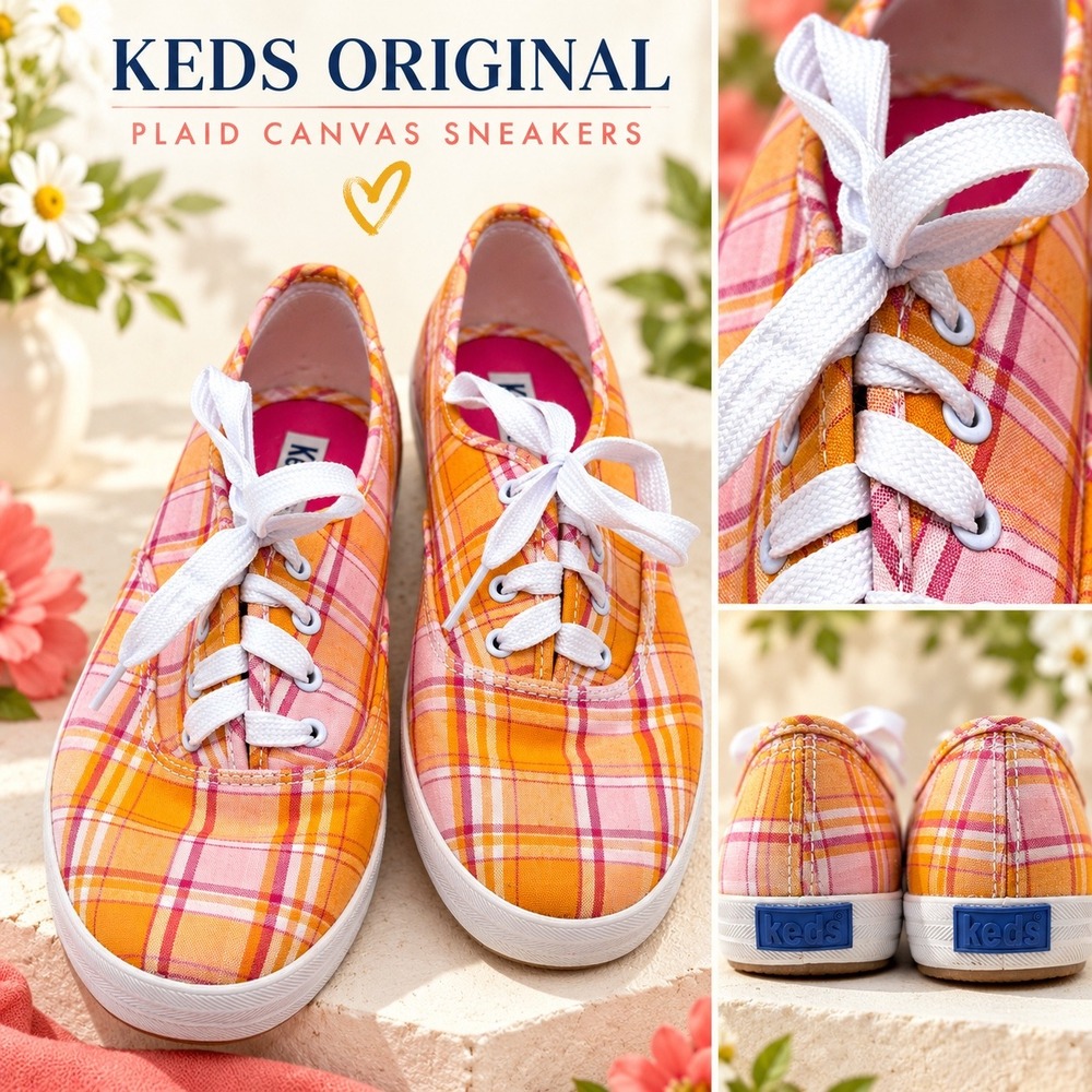 Keds Original Women 8 Orange Pink Plaid Canvas Sneakers WF12239M Low Top Shoes